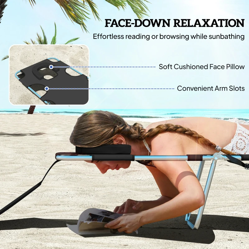 Folding Outdoor Chaise Lounge Sun Tanning Chair With Face Cavity, Pillow, 5-level Adjustable For Beach, Pool, Black