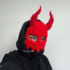 Thickened Demon Mask Warm Travel Fleece Head Cover - Red And Black Demon Mask - View 1