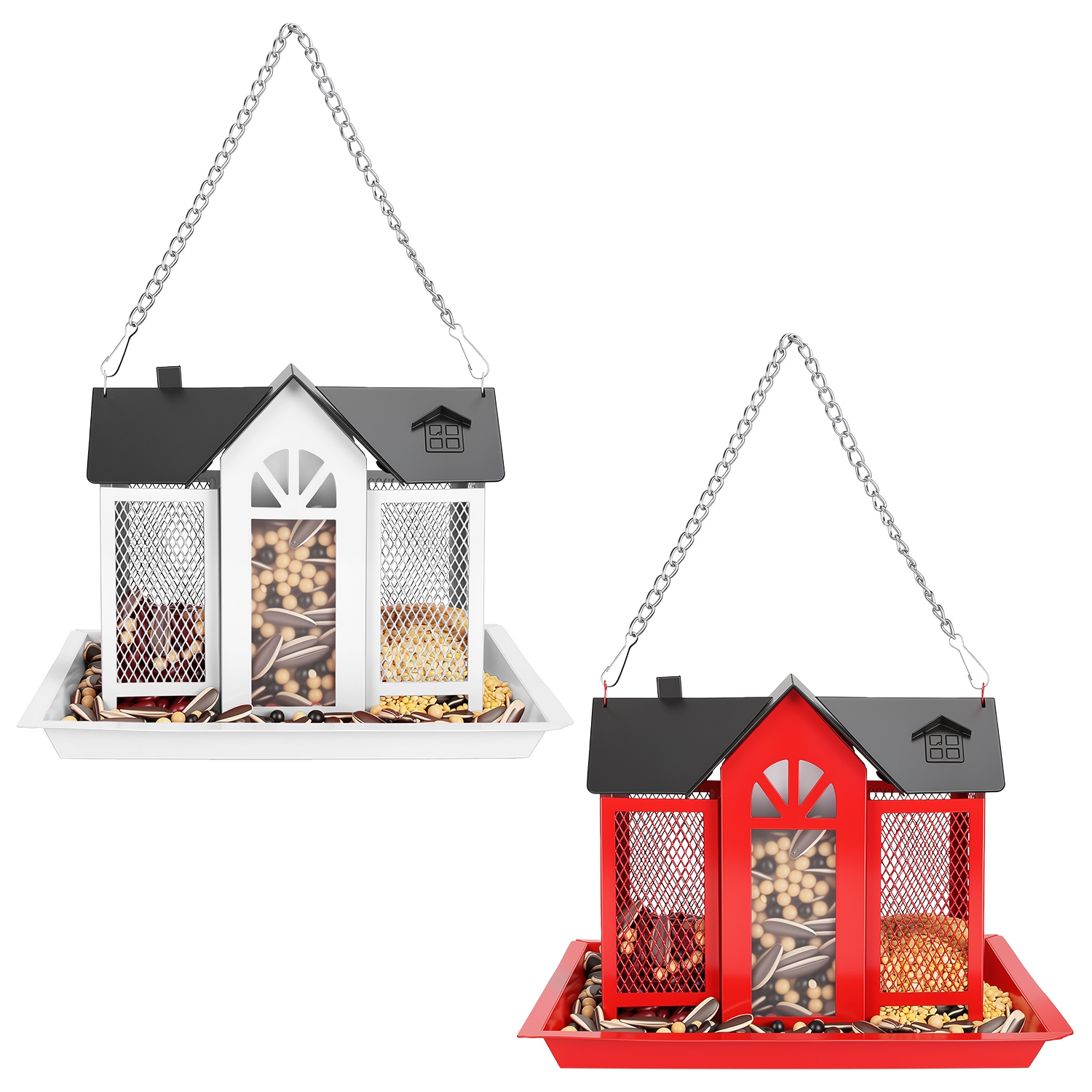 1Pc  Metal Hanging Bird Feeder House Classic Barn Bird Feeder House Iron Hanging Outdoor Feeder With Visible Window And Lift Top Lid 15.75in Hanging Length Wild Birds Garden Yard — foto 9
