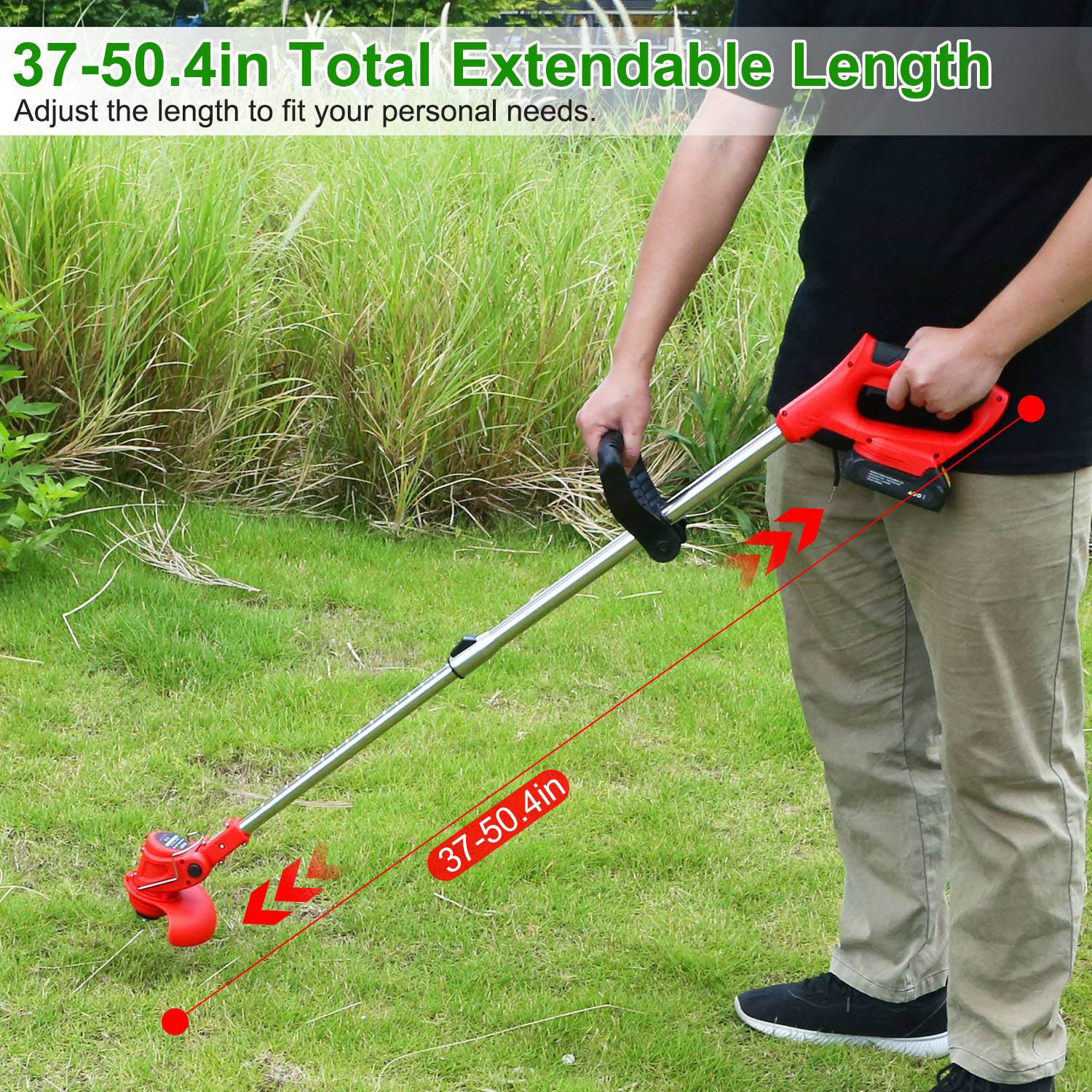 Cordless electric grass trimmer ready for outdoor lawn maintenance
