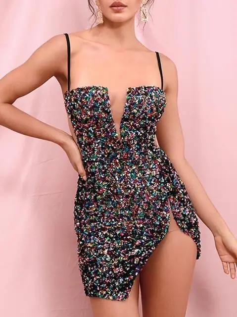 Women's Sequined Strapless Mini Dress With Slits And Skinny Fit