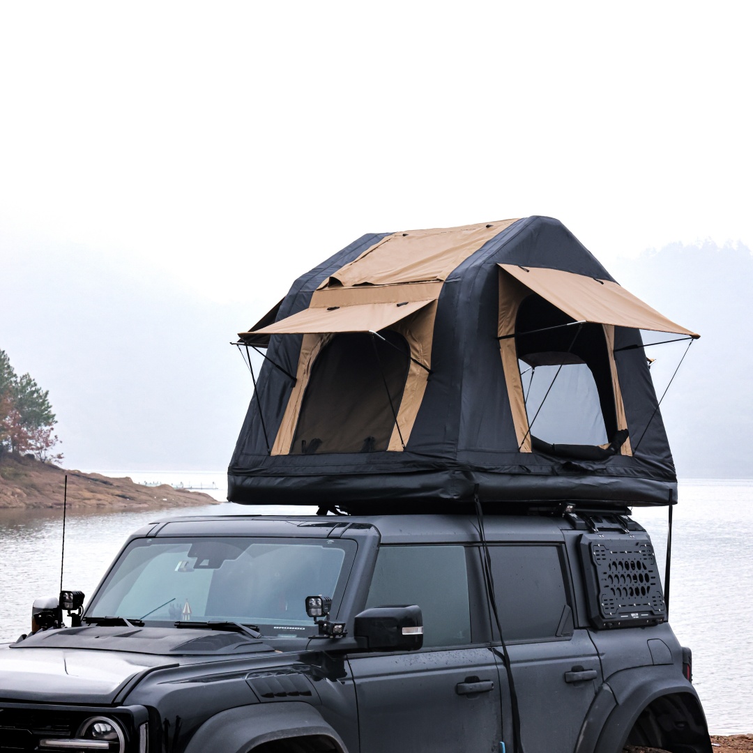Foldable 2-3 People Amphibious Inflatable Car Roof Top Tent For Camping Outdoor Glamping Camping Tent For SUV,Truck  Without Ladder, Two-tone Style, Khaki & Black