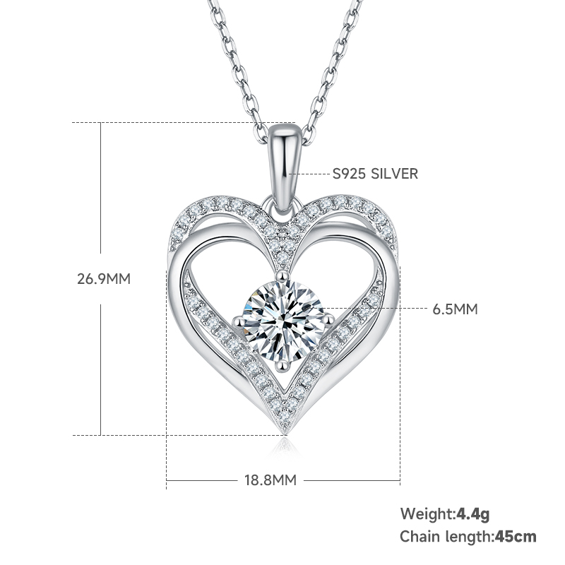 4.4g S925 Sterling Silver Heart Moissanite Necklace 45cm 42 Stones Pendant With GRA Certificate, Platinum Plated Romantic Jewelry Gift Box Set For Women