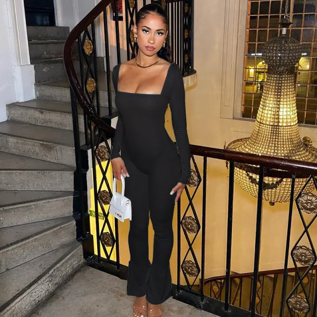 Solid Color Tight Mid length Tight Wide leg Jumpsuit Black - Shop at LoveMi