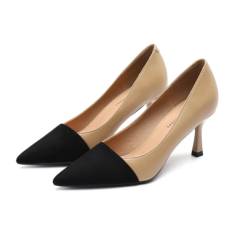 Women's Colour Blocking Thin Heel Pointed High Heel Shoes - Khaki