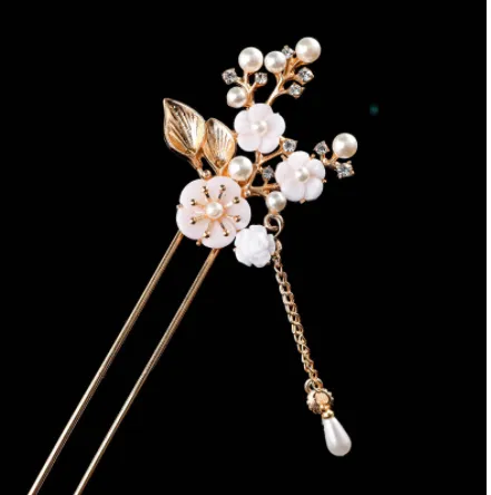 Ancient Style Tassel Hairpin Hanfu Headdress Coiled Pearl Flower White - Shop at LoveMi