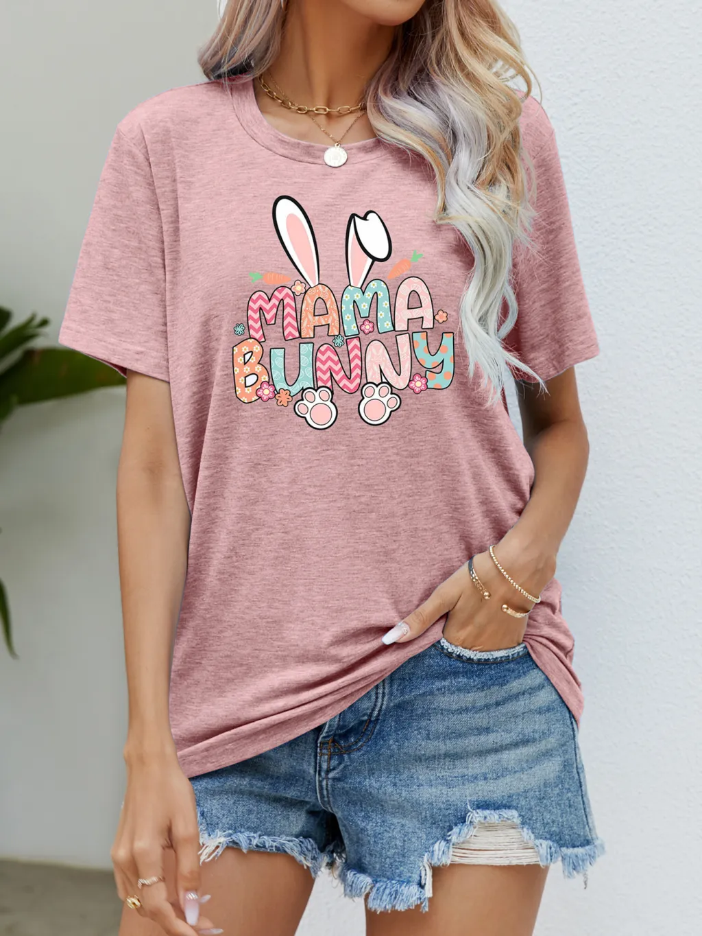 Summer Casual Round Neck Short Sleeves Printed T-shirt Top For Women - Pink