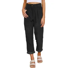 Women's High Waist Casual Solid Color Corduroy Loose Straight Leg Trousers - Black - View 1