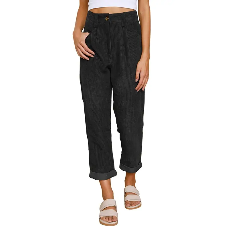 Women's High Waist Casual Solid Color Corduroy Loose Straight Leg Trousers