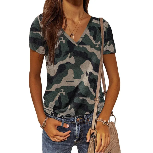 Fashion Slim Pullover Leopard Print V neck Short Sleeve Top Green - Shop at LoveMi