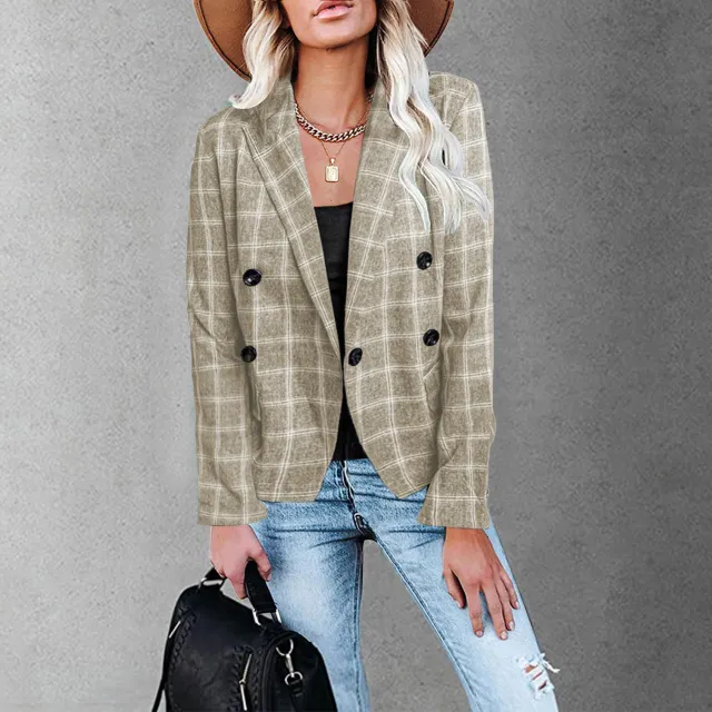 Women's New Plaid Print Button Casual Suit Khaki - Shop at LoveMi