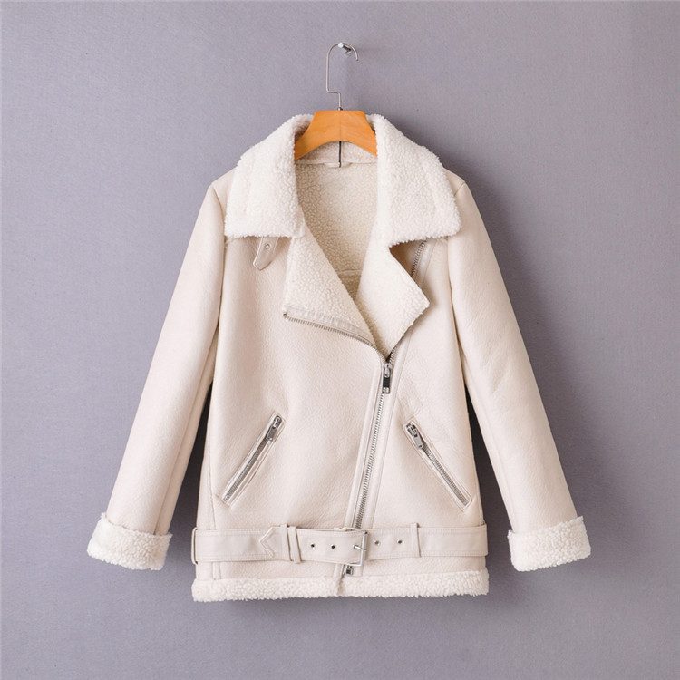 Casual Simple Oblique Zipper PU Plus Velvet Jacket Cream - Shop at LoveMi