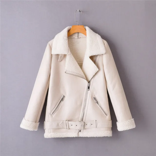 Casual Simple Oblique Zipper PU Plus Velvet Jacket Cream - Shop at LoveMi