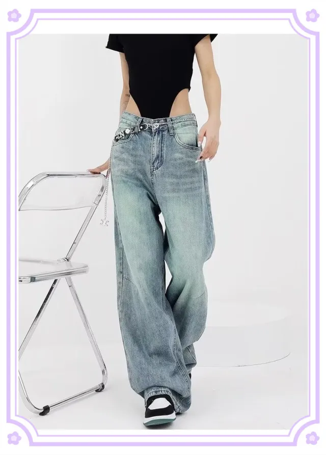 American style Distressed Heavy Industry Straight Casual Jeans Green - Shop at LoveMi