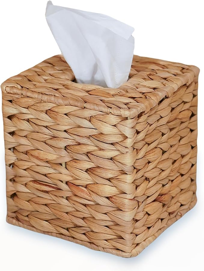 Water Hyacinth Handwoven Tissue Box Cover, Natural Wicker Facial Napkin Holder, Rustic Boho Decor
