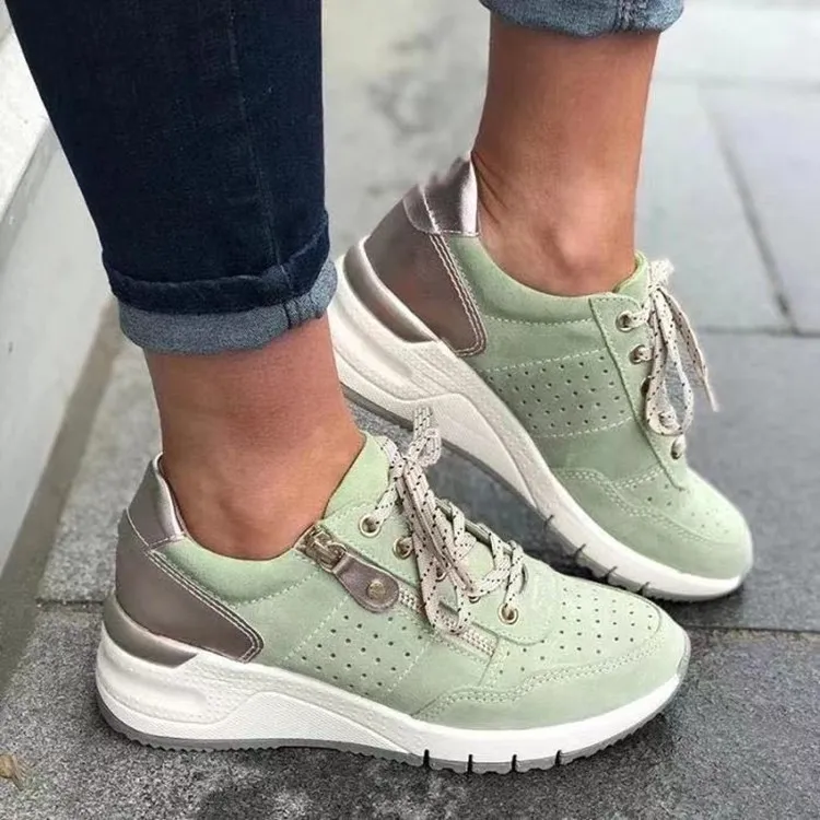 Fashion Lace-up Sneakers Women Cosy Tinck-soled Sports Shoes - Green