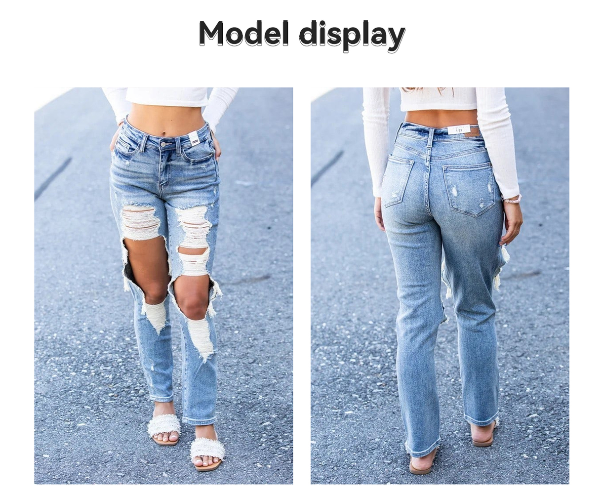 Cotton denim jeans with a high-waist fit, designed for versatility and year-round wear.