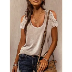 Pure Colour Pullover Round Neck Lace Short-sleeved Summer Women's T-shirt - Apricot - View 1