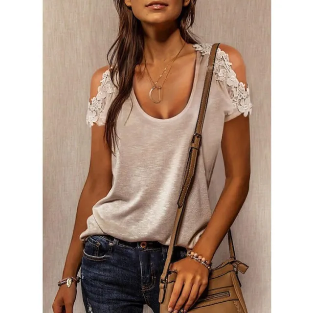 Pure Color Pullover Round Neck Lace Short sleeved Summer Women's T shirt Apricot - Shop at LoveMi