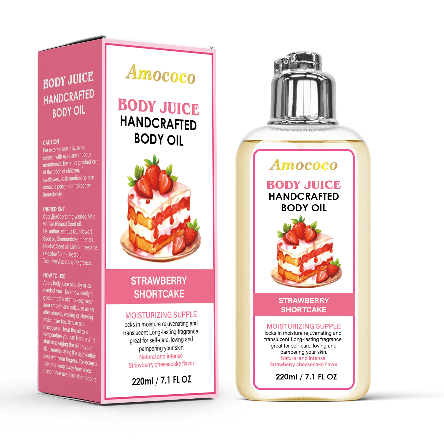 Only Supports Self Pickup With Waybill Amococo Strawberry Shortcake Body Juice Oil, 220ml Handcrafted Moisturizing Body Oil For Dry Skin, Long-Lasting Fragrance Body Massage Oil, Natural Plant-Based L