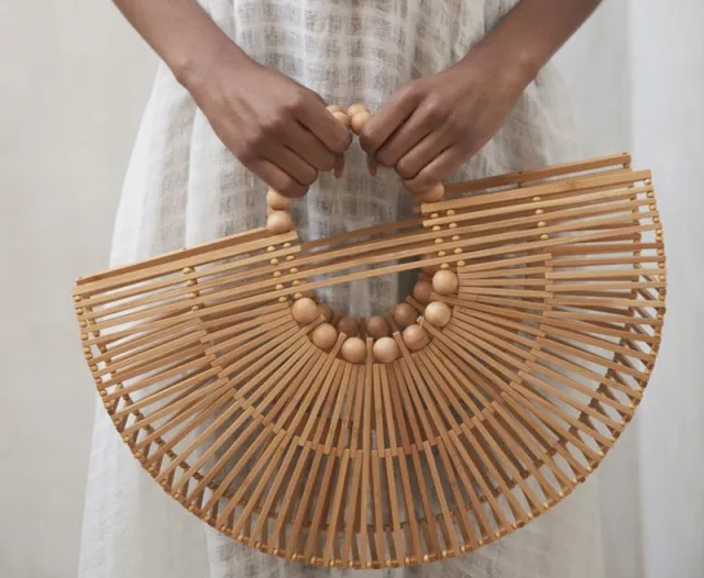 Wooden Bead Portable Woven Bag Semi circular Clutch Beach Bag Variety Of Rattan Bags Tan - Shop at LoveMi