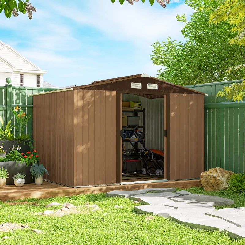 Outdoor Storage Shed, Garden Tool Metal Shed With Foundation Kit, Double Lockable Door, Air Vents And Sloping Roof, For Backyard, Patio, Lawn, Yellow