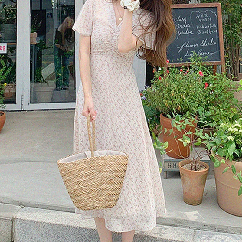 Women's French Retro Chiffon Floral Dress - Apricot