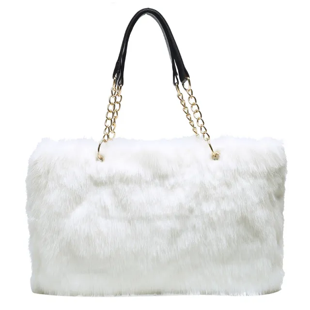 Ladies Large Capacity Plush Leopard Print Tote Bag White - Shop at LoveMi