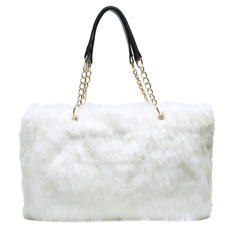 Ladies Large Capacity Plush Leopard Print Tote Bag - White