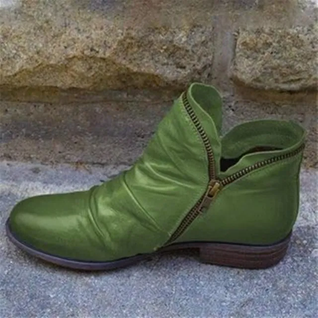 Round Toe Chunky Heel Double Zipper Ankle Boots Green - Shop at LoveMi