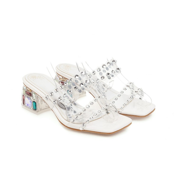 Stylish Studded Square Toe Chunky Heel Sandals White - Shop at LoveMi