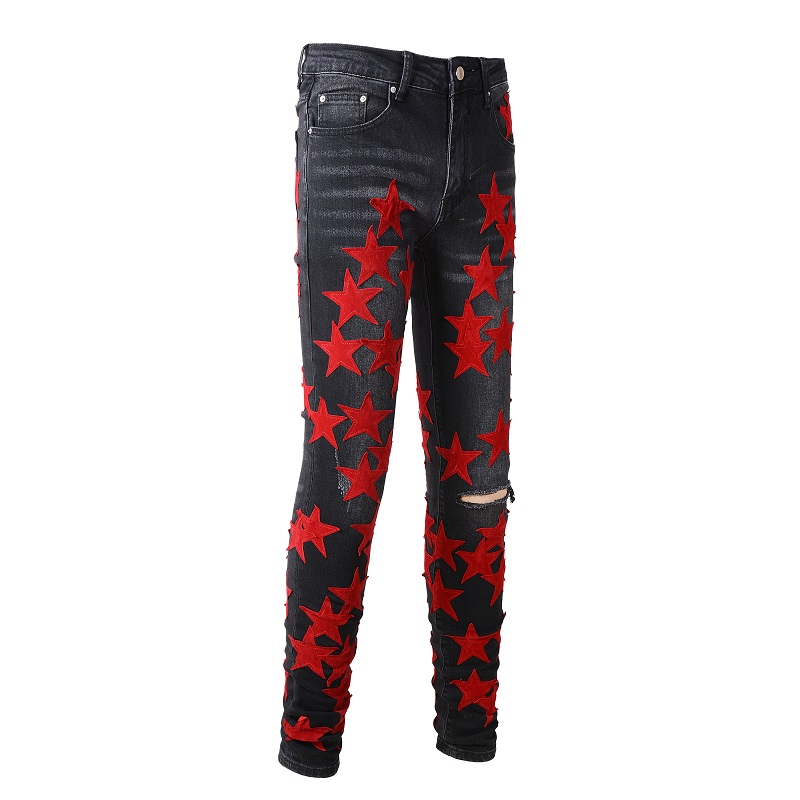 Black Denim Patch Five-pointed Star Patch Slim Jeans