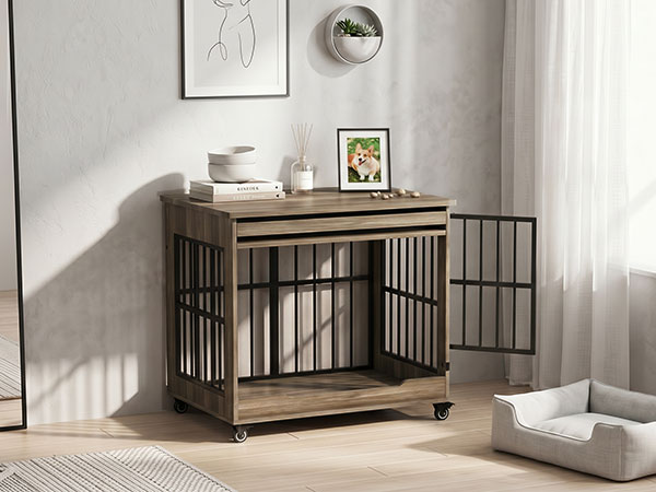 32in Dog Crate Furniture, Double Door Wooden Indoor Dog Kennel Furniture, Decorative Pet Cage End Table With Wheels For Medium And Small Breed Dogs, Size M, Greige