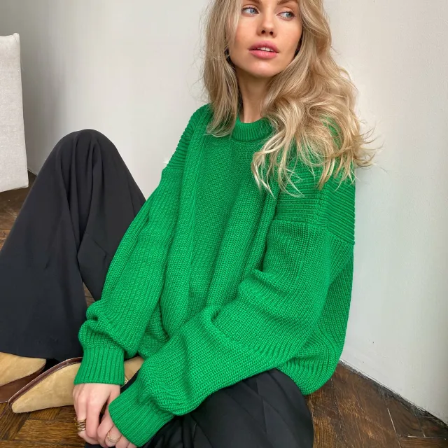 Women's Knitwear Round Neck Loose Solid Color Sweater Emerald Green - Shop at LoveMi