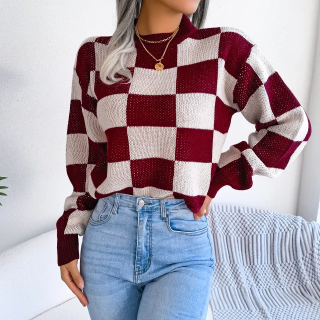 Street Style Color Block Plaid Long Sleeve Pullover Knit Sweater Burgundy - Shop at LoveMi