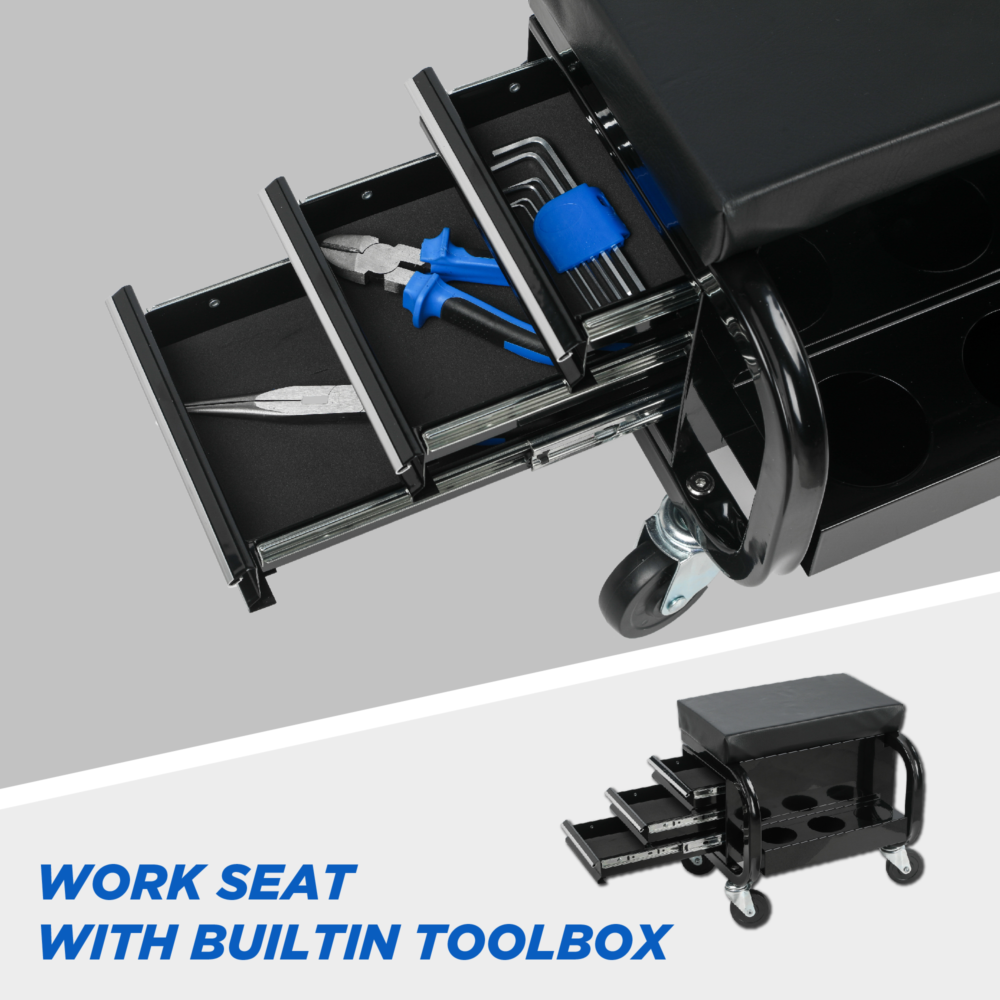 Rolling Garage Stool With 3 Drawers, Heavy Duty Mechanic Seat With Padded Vinyl Cushion, Tool Storage Cart, 350 Lbs Capacity thumbnail 3