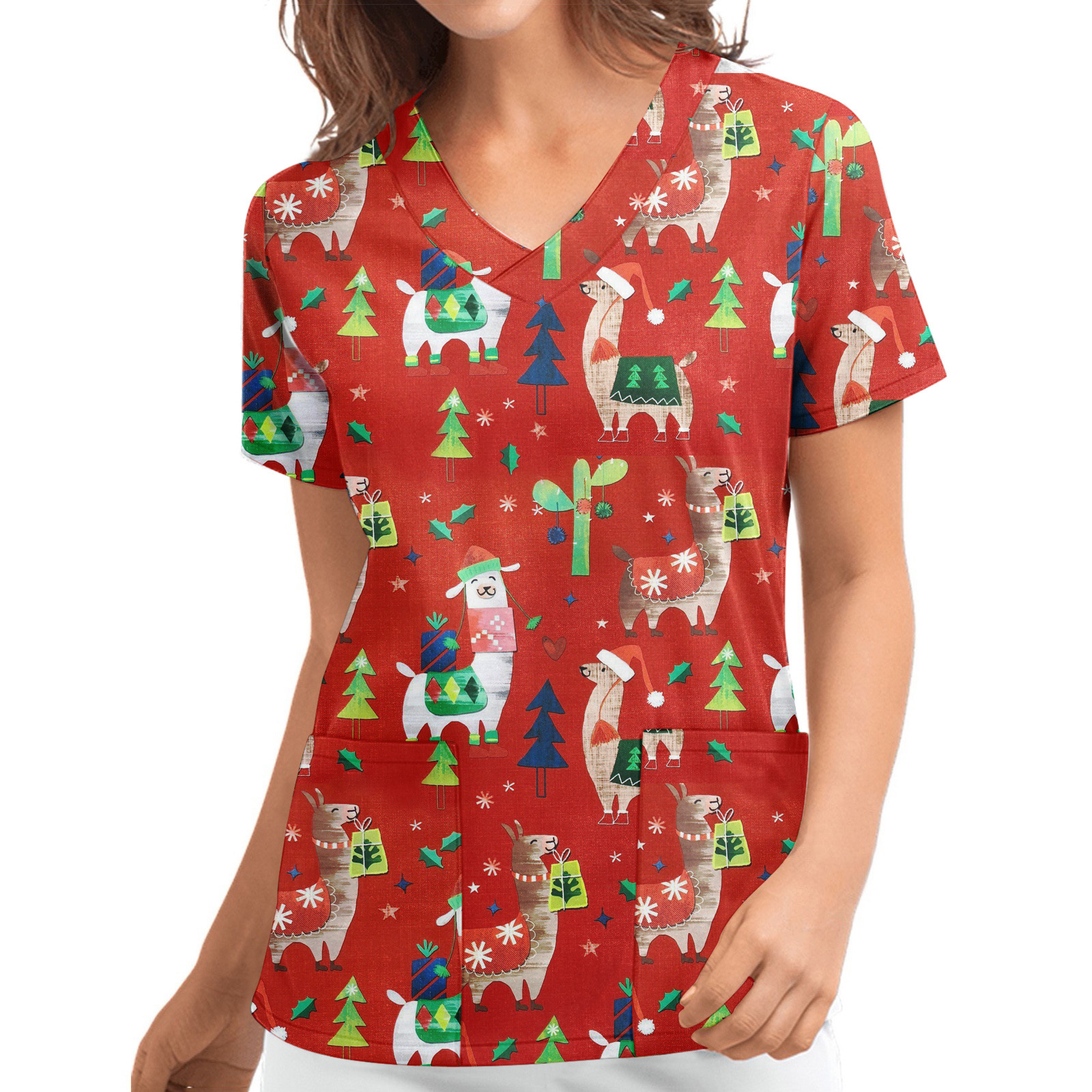 Christmas Printed V neck Short Sleeve Workwear Workwear Top K - Shop at LoveMi