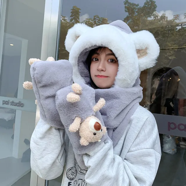 Rabbit Fur Warm Scarf Hat Gloves Three piece Suit Ladies Thickened Bib Set Grey - Shop at LoveMi