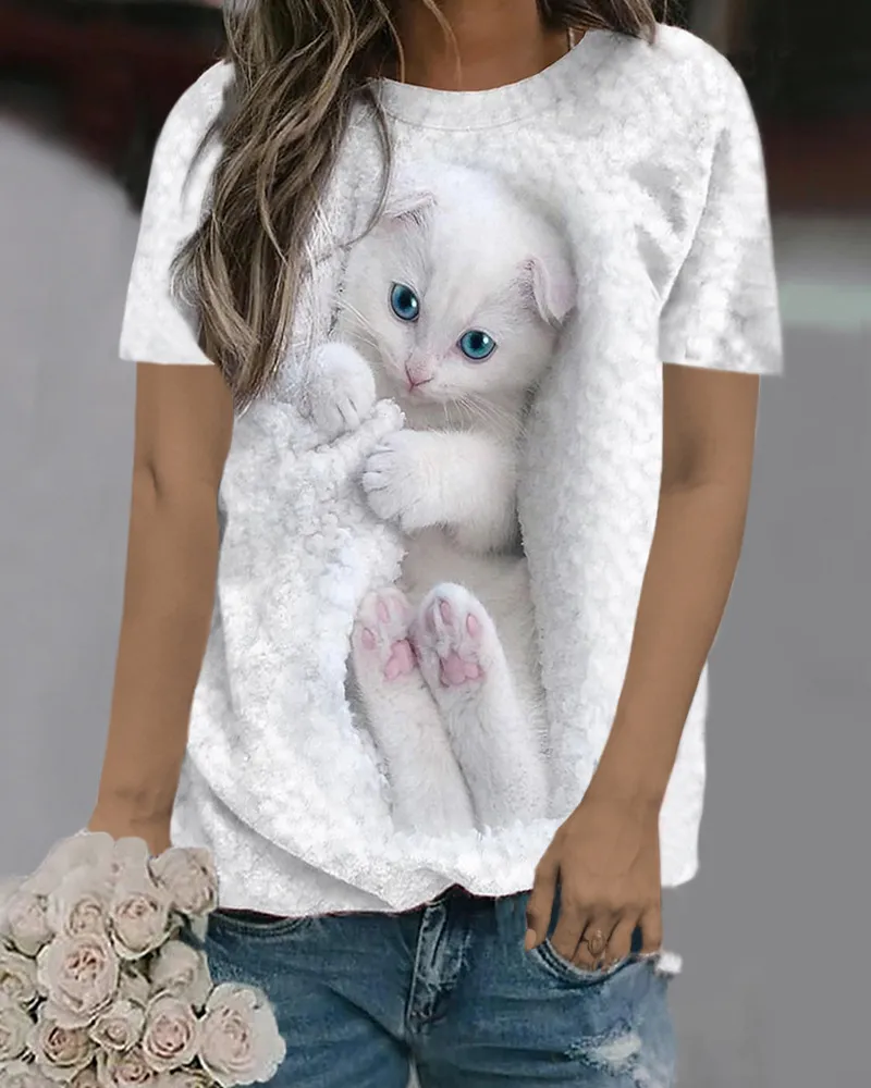 Casual Loose Fit Cat Print Short Sleeve - White