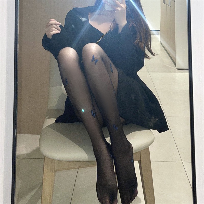 Pure Desire Style JK Lolita Stockings, Fairy Blue Butterfly Print Black Sheer Pantyhose For Women Pure Desire Style JK Lolita Stockings, Fairy Blue Butterfly Print Black Sheer Pantyhose For Women