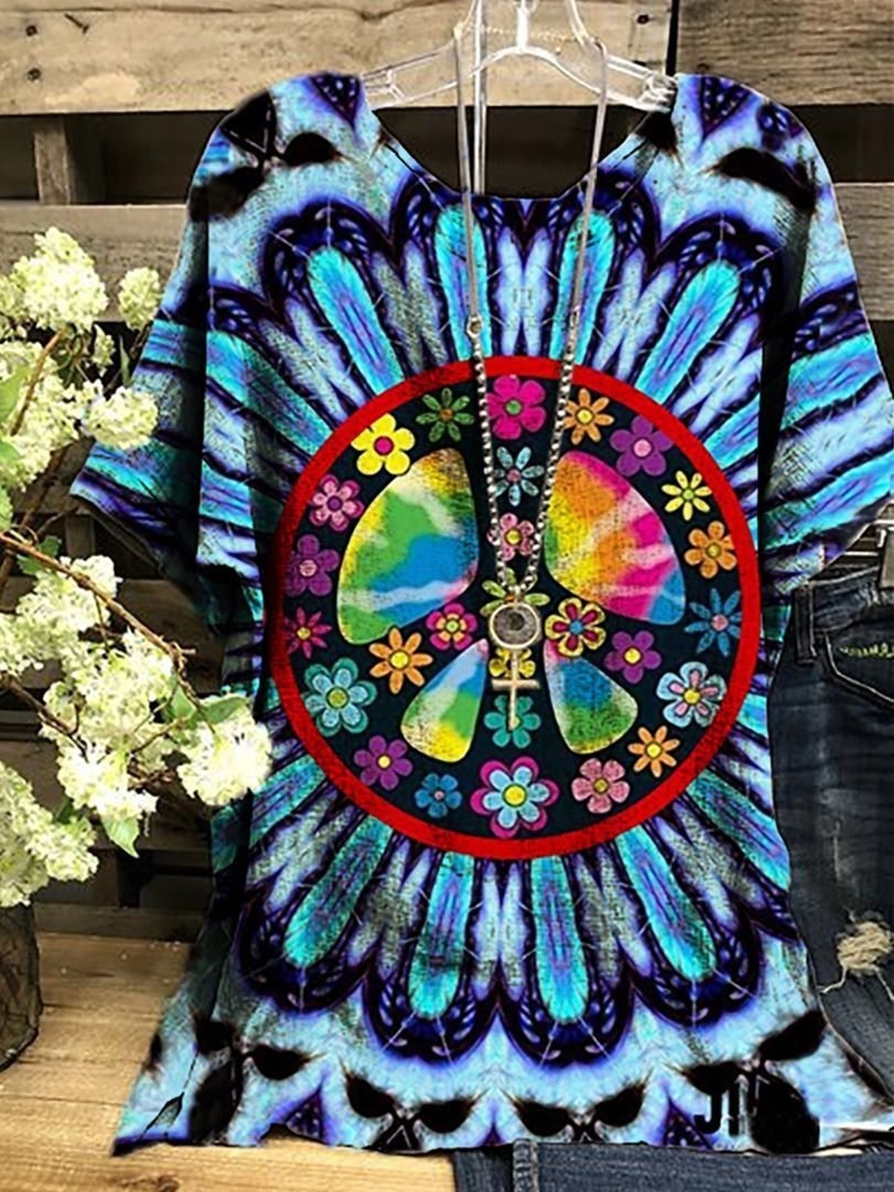 Leisure Round Neck Short Sleeve Digital Printing Slimming