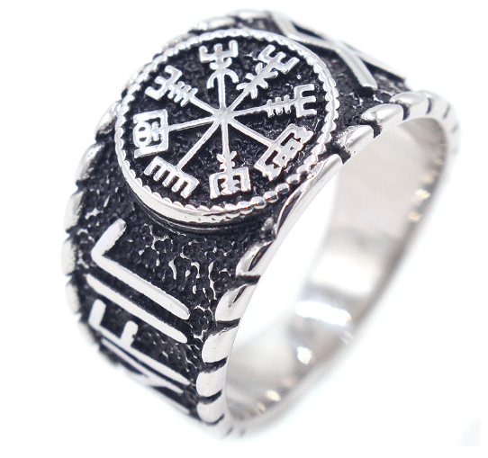 Asgard Crafted Handcrafted Stainless Steel Icelandic Stave And Runes Ring