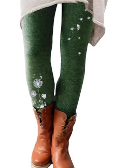 Pure Colour Ladies Embroidered Elastic Tight Slimming Leggings - Green - View 1