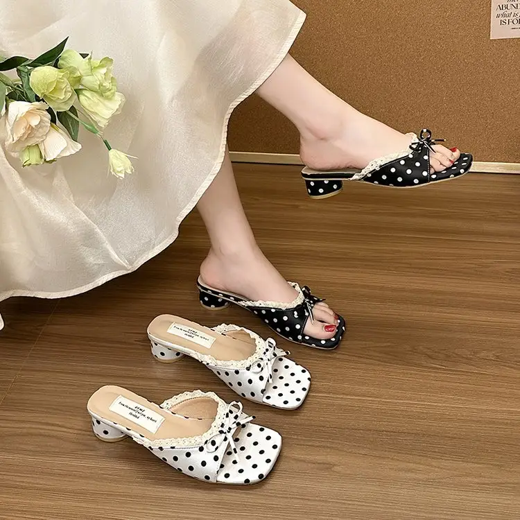Women's Square Toe Polka Dot Bow Chunky