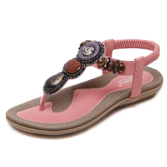 Ethnic Style Sandals Women Thailand Travel Beach Bohemian Retro Beaded Large Size Flat Shoes Pink - Shop at LoveMi