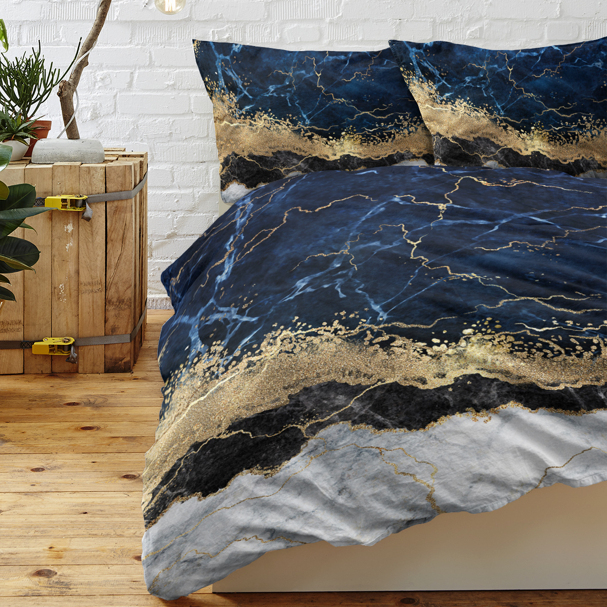 Chic Marble Bedding White Marble Gilded Navy Blue Duvet Cover Set Trendy Printed Design Bed Quilt Cover Set King 1 Duvet Cover 2 Pillowcases — foto 2
