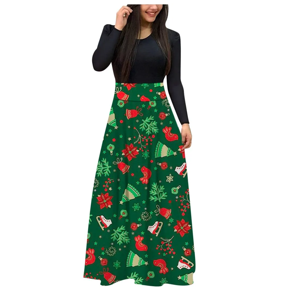 European And American Christmas Print Long Skirt Suit - Green Gift