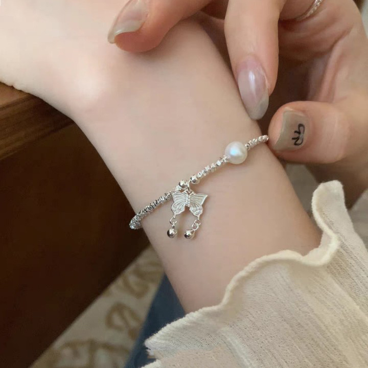 1pc 999 Sterling Silver Butterfly & Pearl Bracelet, Delicate Style, Perfect For Daily Wear And Valentine's Gift