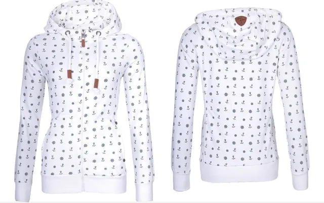 Long Sleeve Hooded Zipper Print Plus Fleece Sweater Women White - Shop at LoveMi