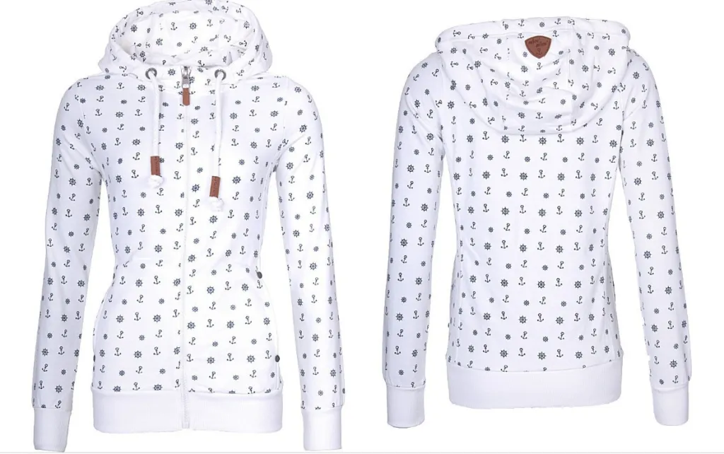 Long Sleeve Hooded Zipper Print Plus Fleece Sweater Women - White